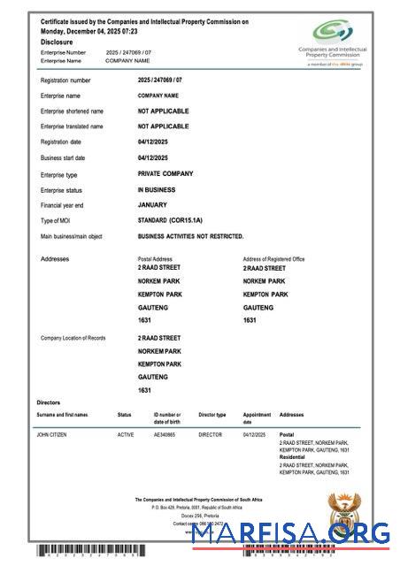 Printable South Africa certificate of company registration Word and PDF template